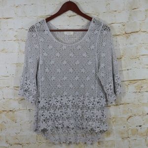 Freeway Gray Crochet Floral Top Bell Sleeves